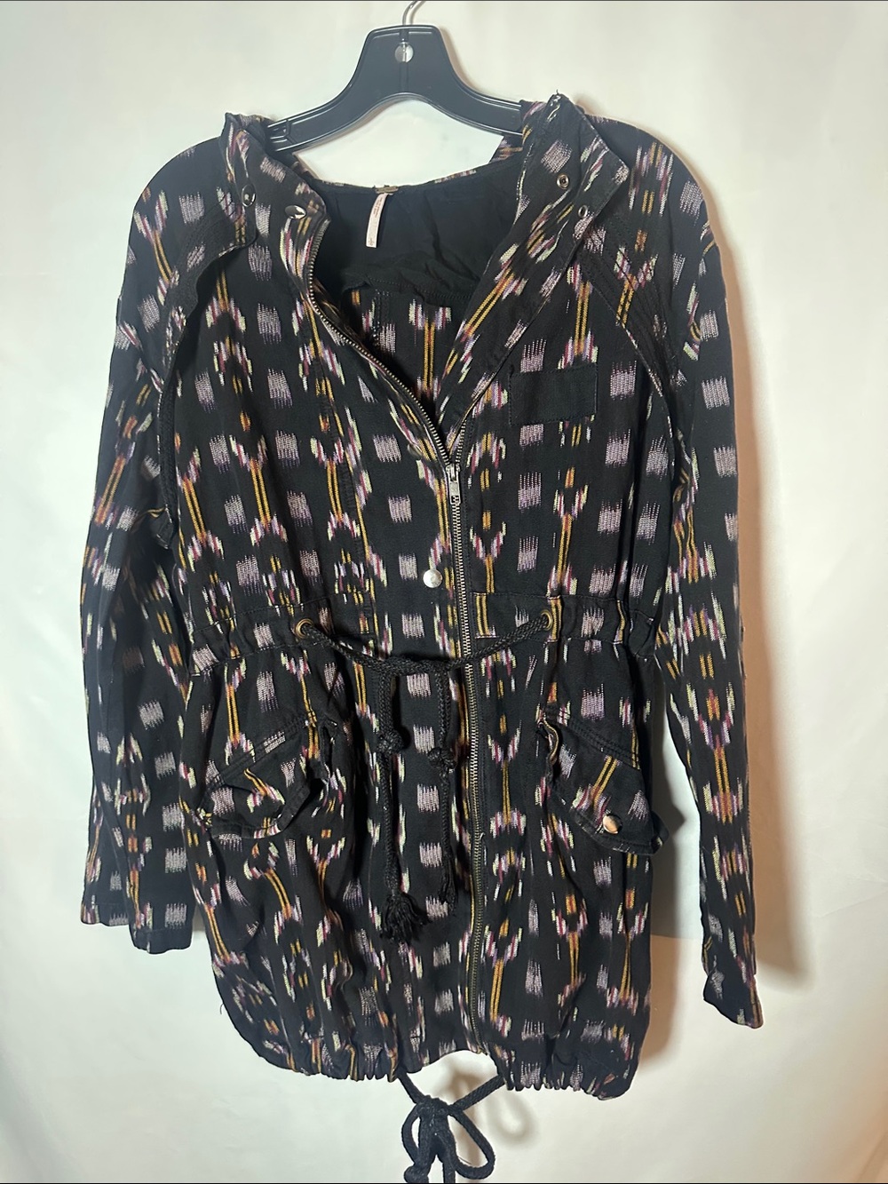Free People Ikat parka Black Multicolor Patterned Drawstring Waist Anorak